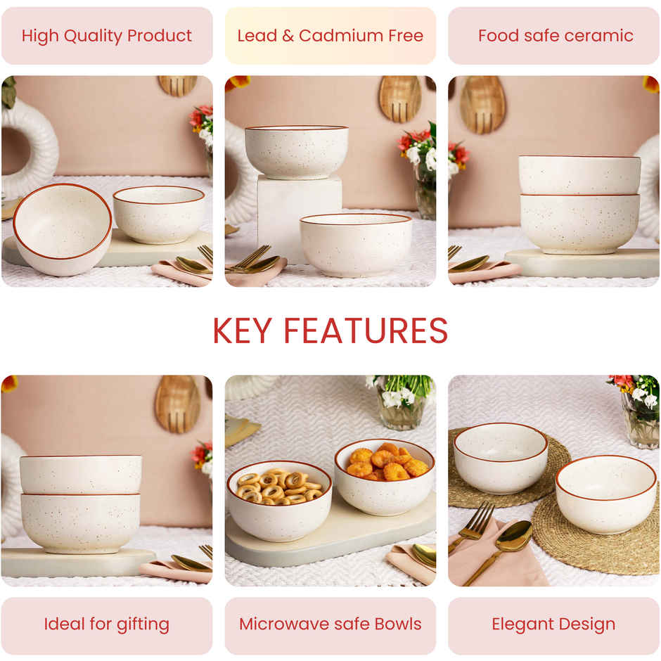 The Earth Store White Marble 2Pc Ceramic Bowl Gift Set, 500 ml Each Microwave Safe, Snack Serving