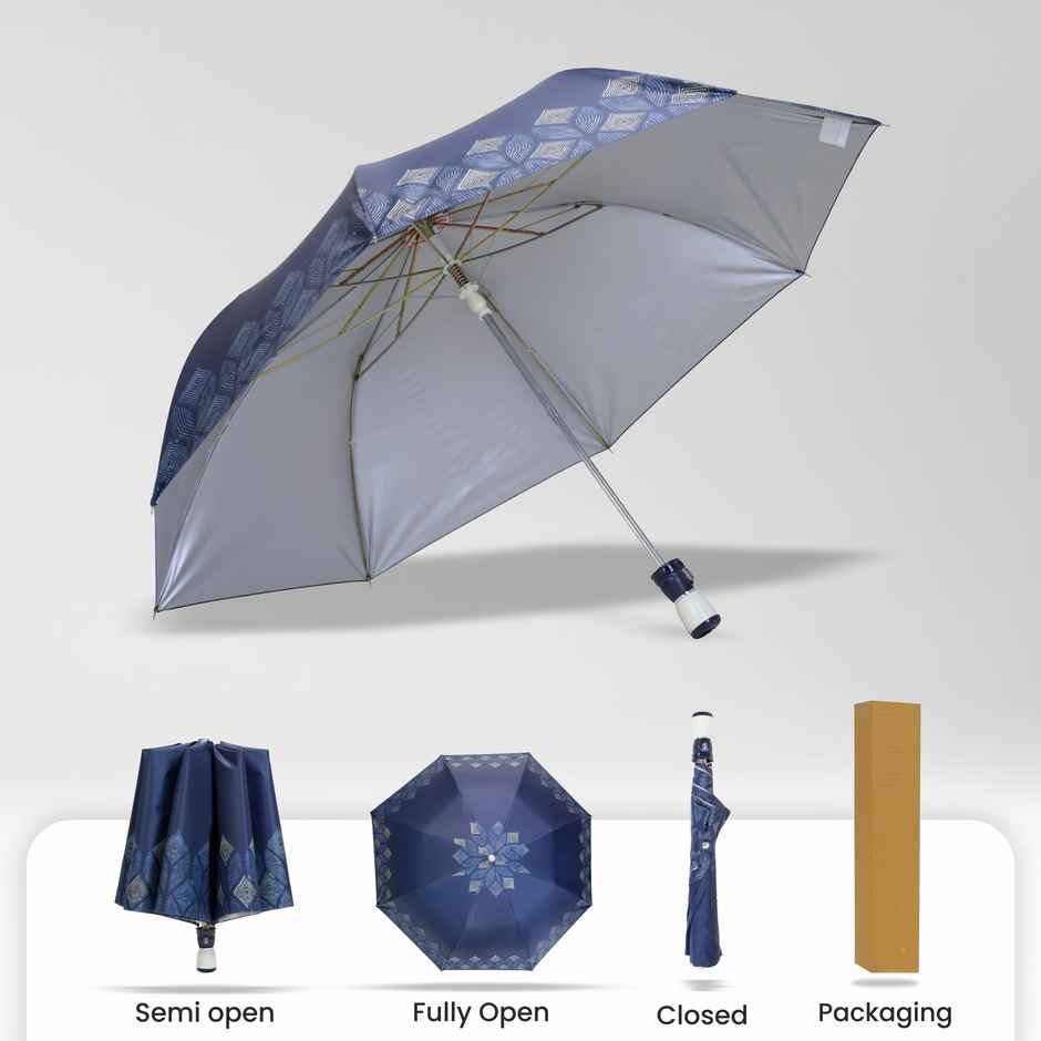 Cello Megha 21 Inch 2 Fold Mix Print Umbrella | Silver Navy Blue