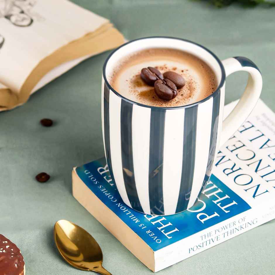 The Earth Store Grey Stripe Ceramic Coffee Mug | 400 ml Microwave and Dishwasher Safe
