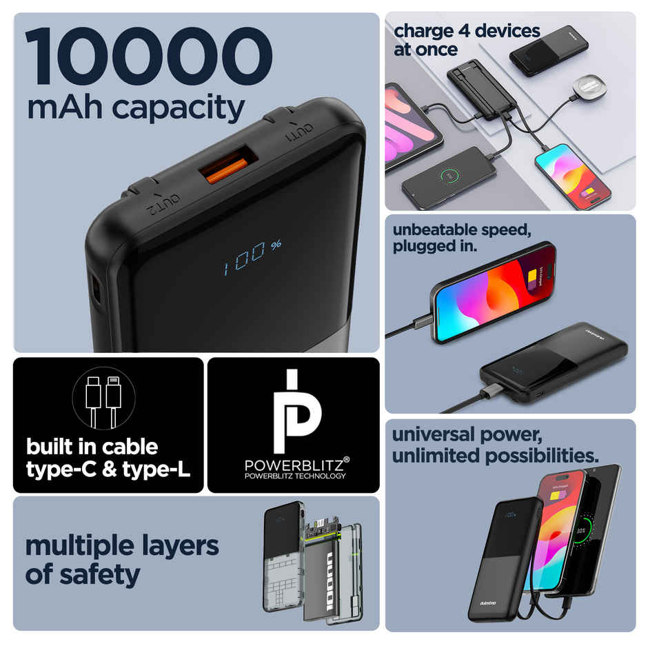Dubstep Powerblitz X3 22-5W 10000mAh Power Bank | Type-C & Lightning | Black