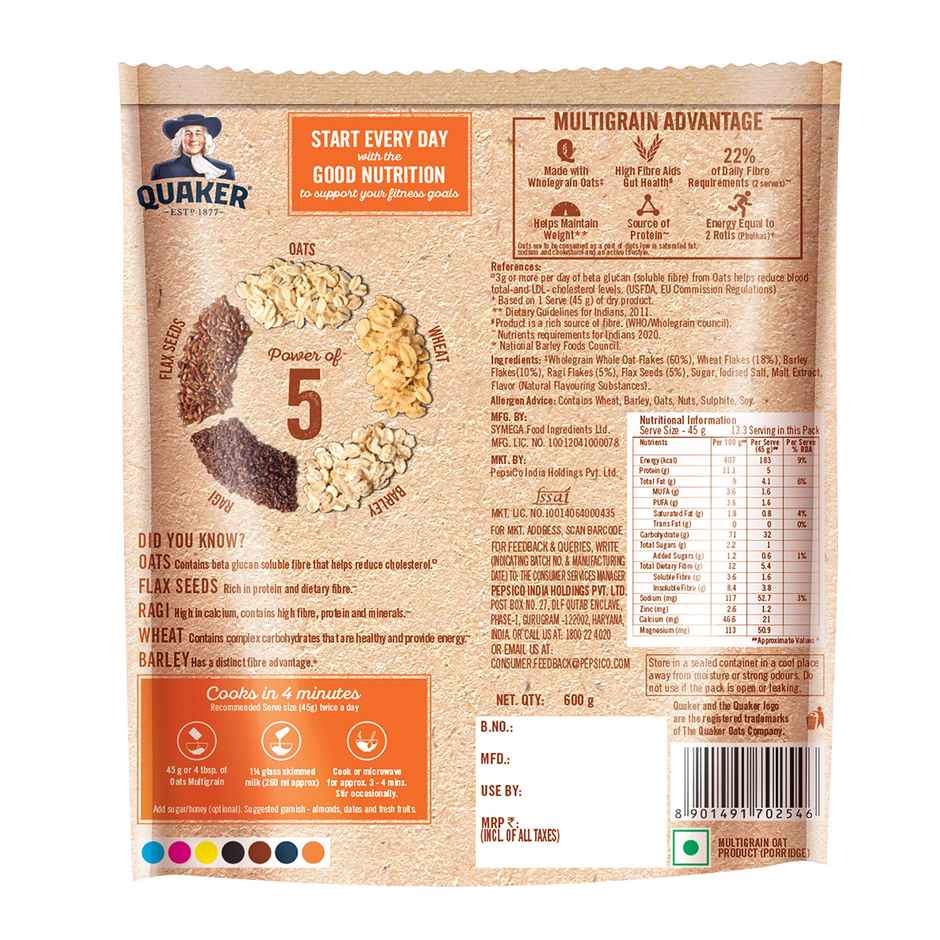 Quaker Multigrain Rolled High Protein Oats | Breakfast Cereal