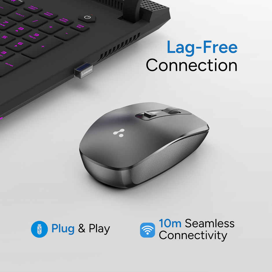 Ambrane Wireless Mouse with 2.4GHz, USB Nano Dongle, Silent Click, Optical Orientation Click Wheel, 4 Buttons, 1600 Adjustable DPI, Both Hand Use, Compatible with PC, Mac, Laptop (Sliq 3) - Black
