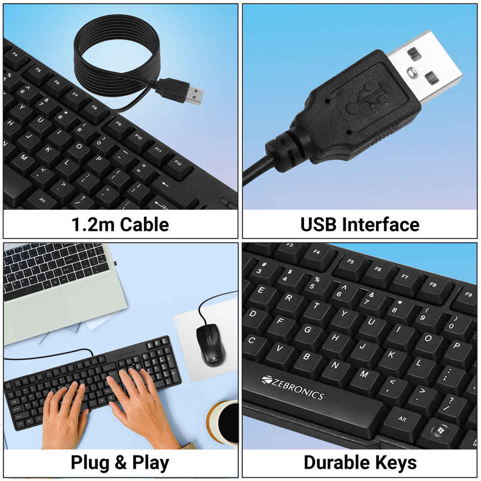 Zebronics JUDWAA 750 Wired Keyboard And Mouse Combo With 104 Keys And A Usb Mouse With 1200 Dpi - Black