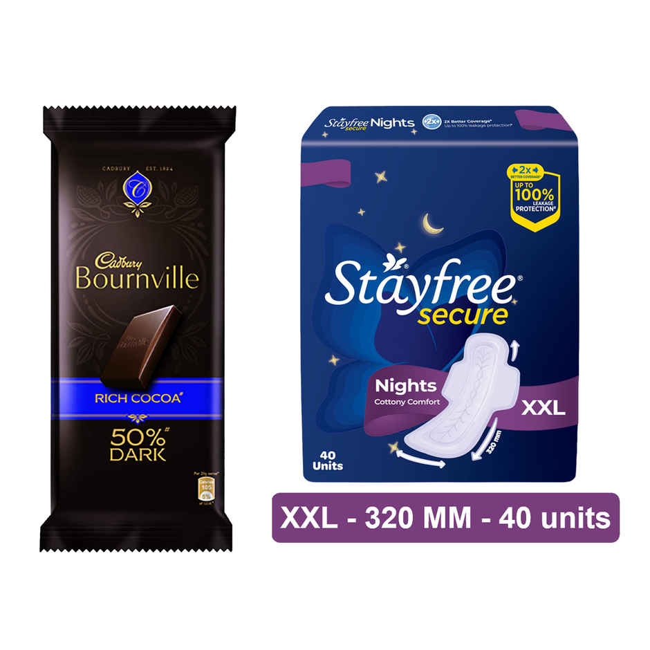 Cadbury Bournville Rich Cocoa 70% Dark Chocolate Bar (75g) & Stayfree Secure Nights Xxl Sanitary Pads (40pc) Combo