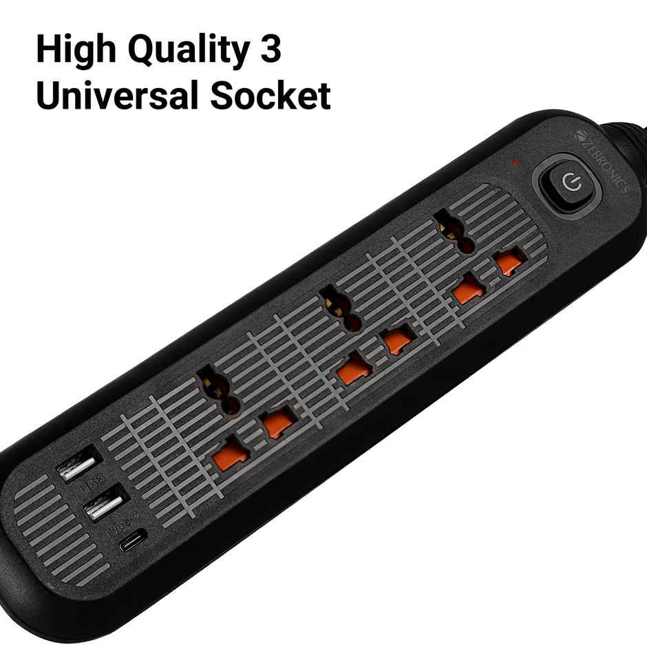 Zebronics Power Bar 132 | 2000W | 1 x Type C Port | 3 x Universal Socket | 2 x USB Port | 3 m