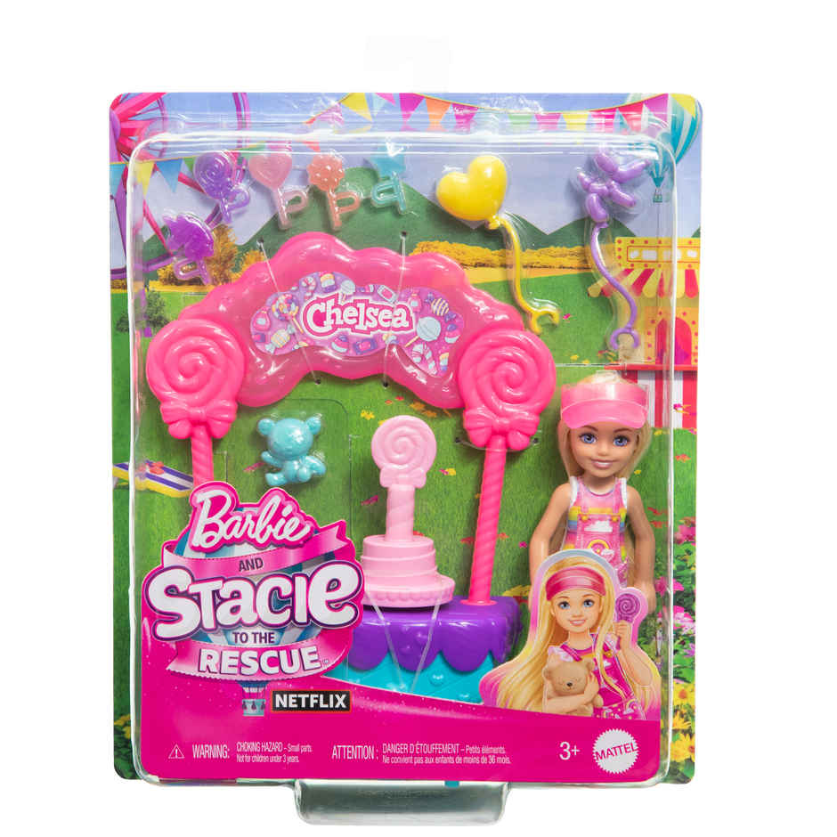 Barbie Chelsea Doll & Lollipop stand Playset with Accessories | 10 piece Toy Set from Barbie Movie