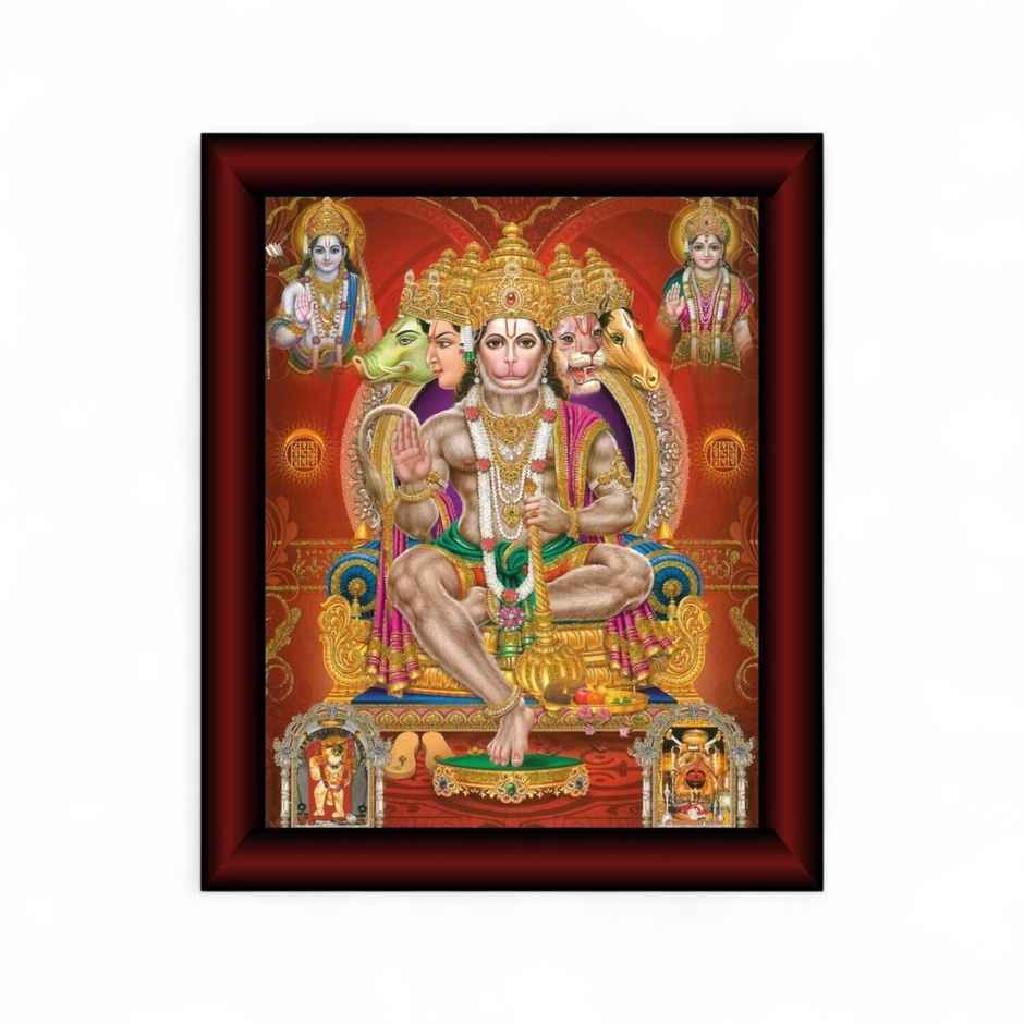 Saf Panchmukhi Hanuman Uv Textured Effect Digital Reprint 13 Inch X 11 Inch Painting (With Frame)