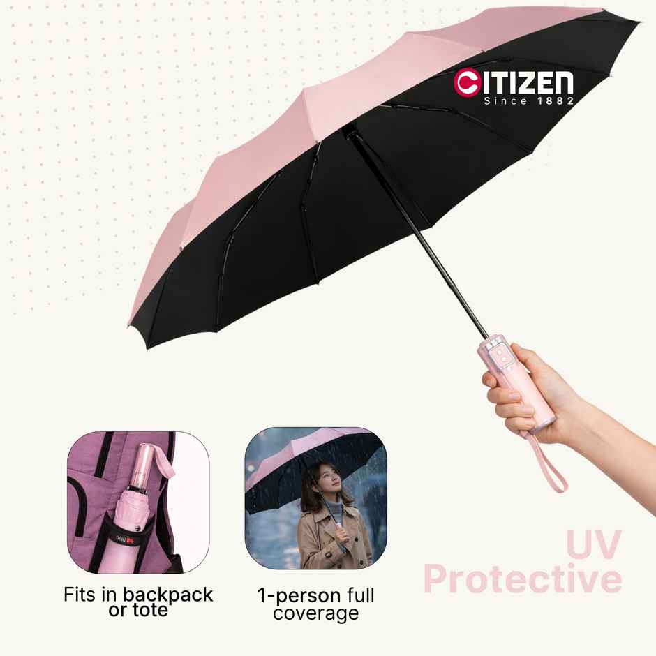Citizen Auto Open Close Umbrella Glass Handle Baby Pink | 23.5 inch | 3 Fold