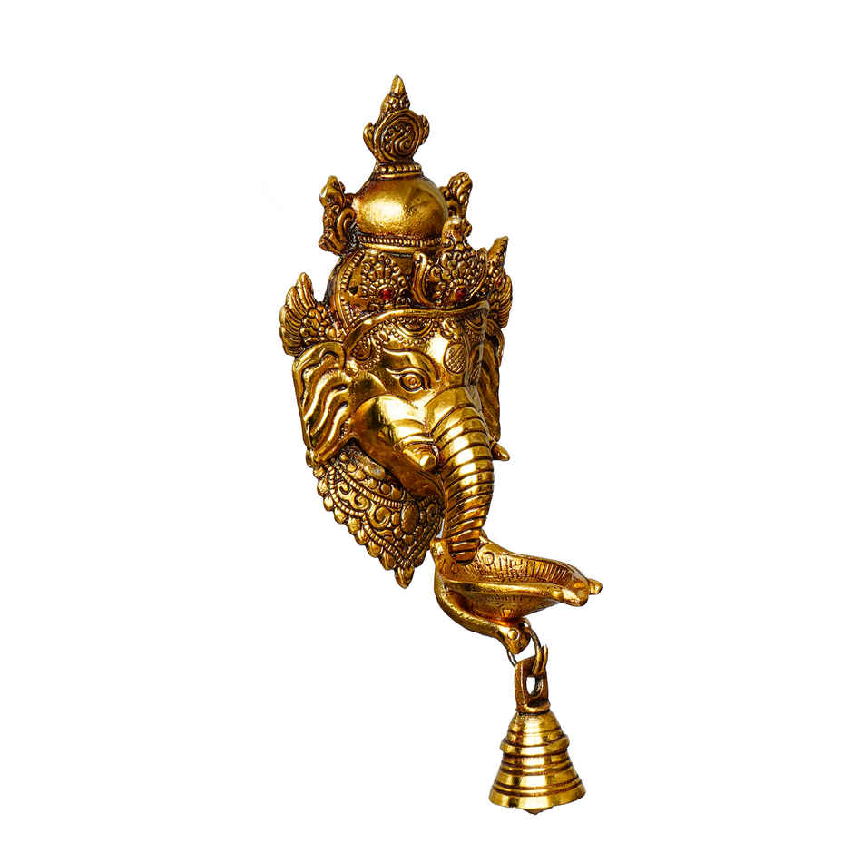 Golden Metal Lord Ganesha Face Wall Hanging Diya With Bell | eCraftIndia