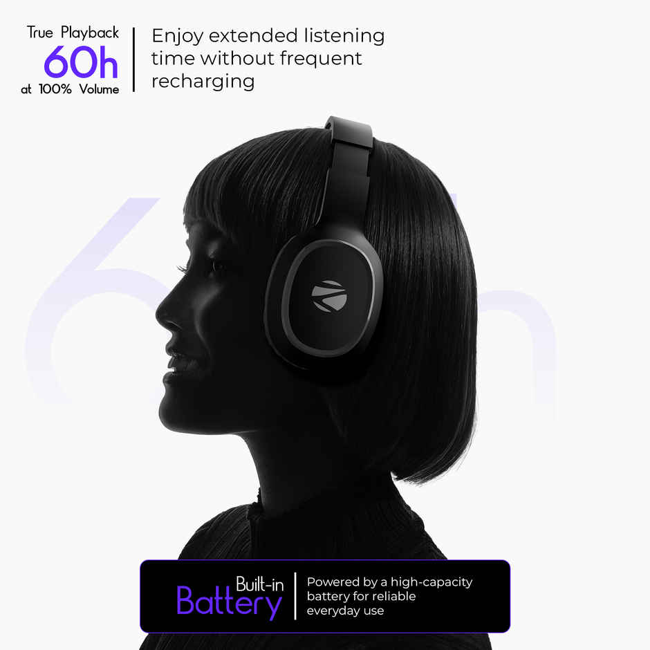 ZEBRONICS THUNDER Bluetooth 5.3 Wireless Headphones with 60H Backup, Gaming Mode, Dual Pairing, ENC, AUX, Micro SD, Voice assistant, Comfortable Earcups, Call Function - Black