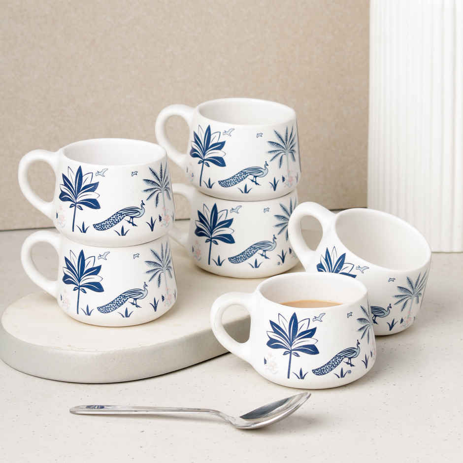 The Earth Store Blue Peafowl Ceramic Tea Cup | 150 ml Each Microwave Oven Safe Coffee Cups