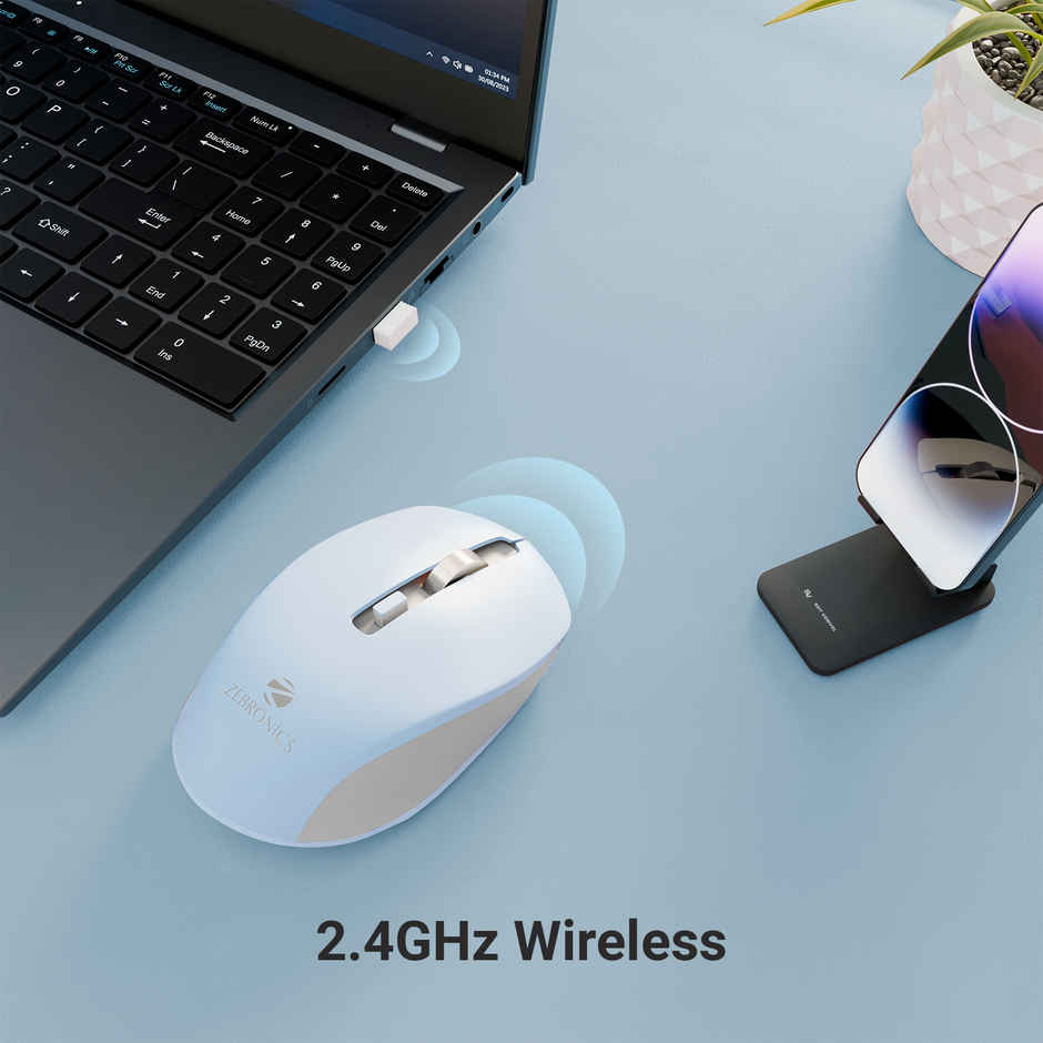 Zeb-Jaguar Wireless Mouse, 2.4Ghz With Usb Nano Receiver, High 4 Buttons (Light Blue+Grey)