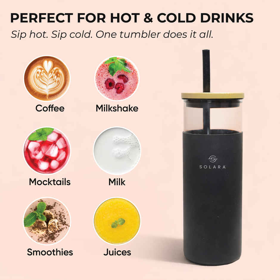Solara Black Knight Glass Tumbler | 500 ml | Bamboo Lid, Silicone Straw & Silicone Sleeve | For Coffee