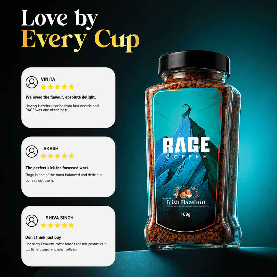 Rage Coffee Irish Hazelnut Flavour Premium Arabica Medium Roast Organic Instant Coffee