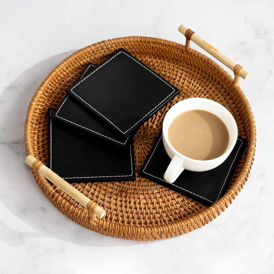 Birch & Co. Leather Coaster | Black Coaster Set of 6 with Holder