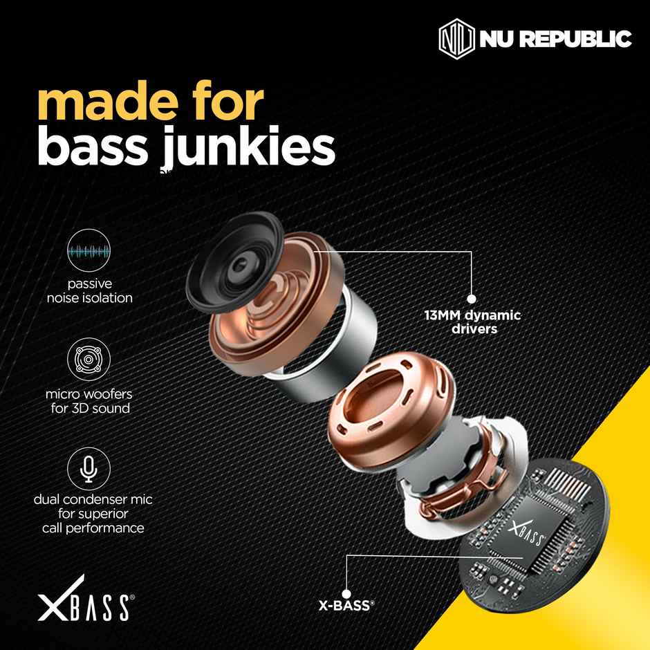 Nu Republic Transform-X TWS Earbuds | Upto 60Hrs Playtime | 13Mm Neodymium Driver & Xbass Technology | ENC Hall Sensor Dual Mode | Yellow