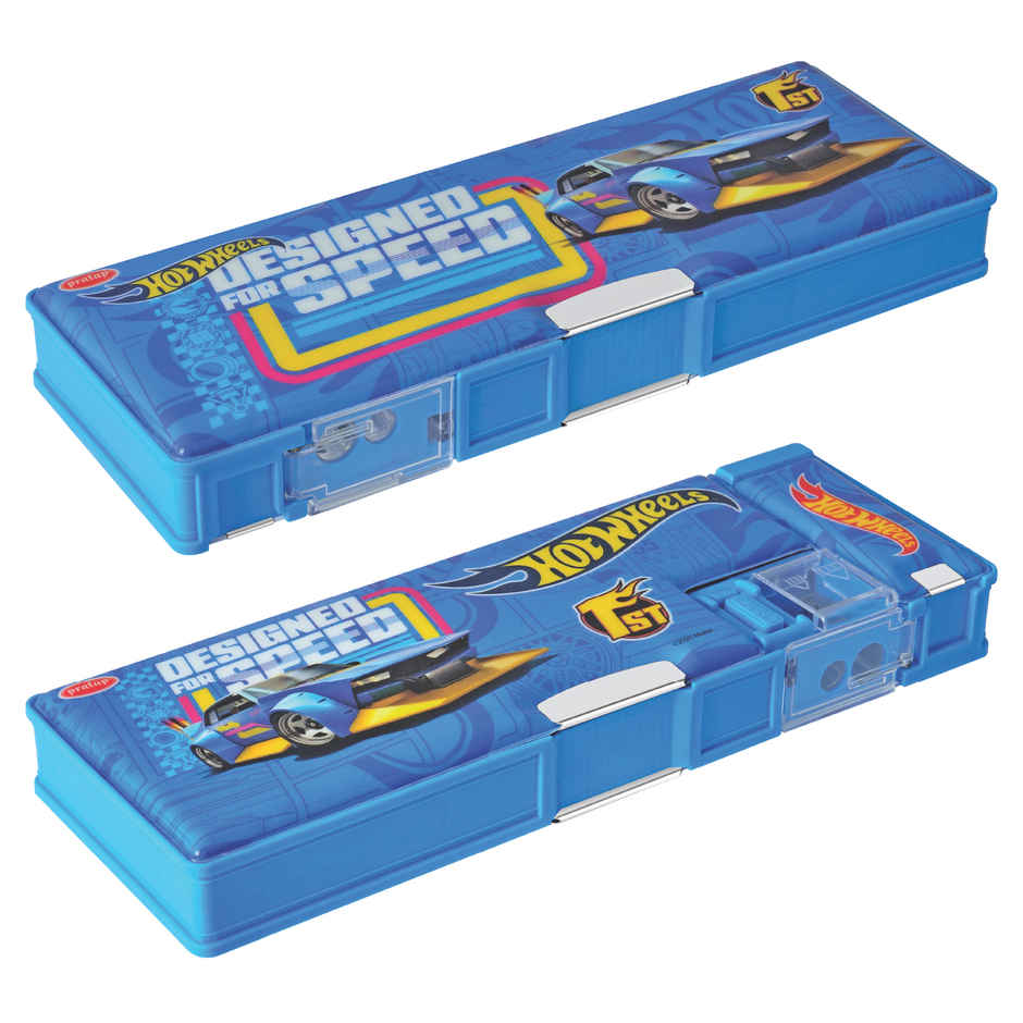 Pratap Maglock Big Dual Side Pencil Box With 2 Sharpener And One Side Compartment Blue Hot Wheels