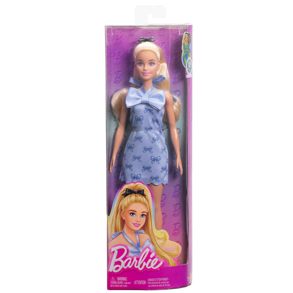 Barbie Fashionistas Doll | Blonde Hair with Blue Bow & Pony Tail | Halter Dress with Accessories