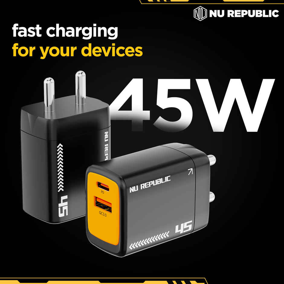 Nu Republic Cybotron 45W Dual Port Gan Superfast Wall Charger, USB & Type C Port, QC PD Technology with Type-C to C Cable, Supports MacBook, Type-C Laptops, iPhone, Samsung, OnePlus etc (Black)