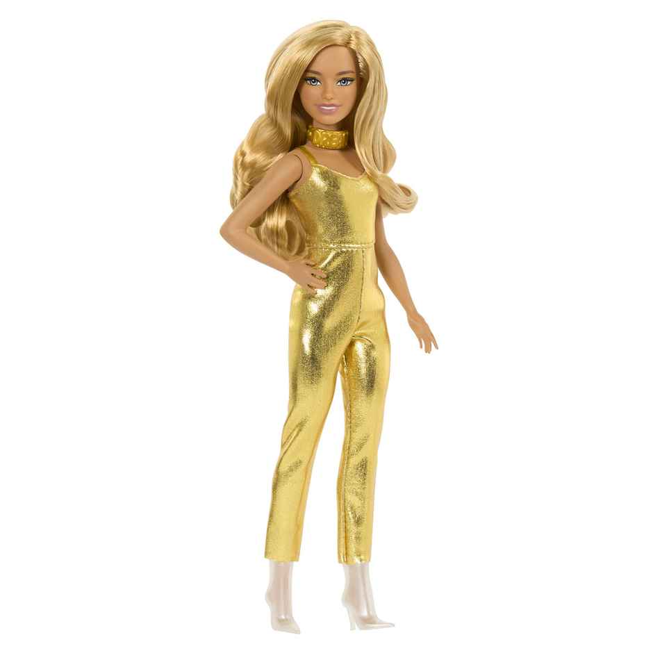 Barbie Fashionistas Doll | Petite Body Type With Blonde Wavy Hair |Golden Jumpsuit and Accessories