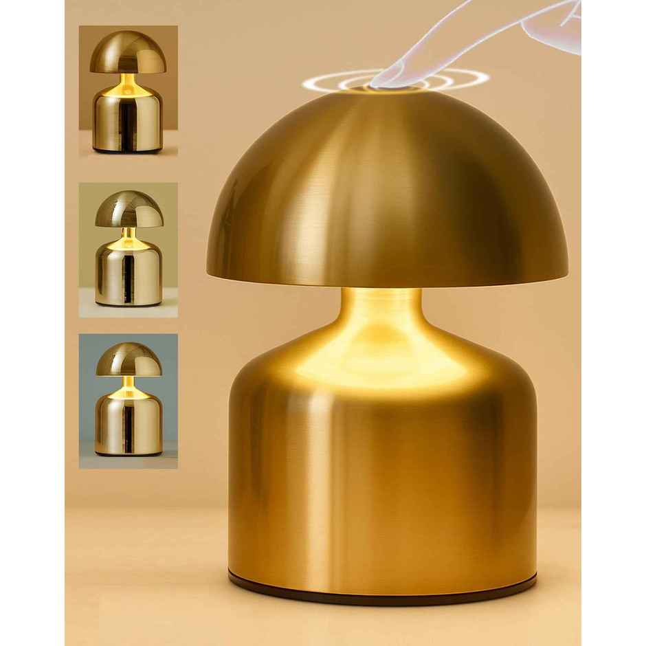 Homesake Metal Mushroom Table Lamp | Portable Dimmable | Touch Control Wireless Charging | Gold
