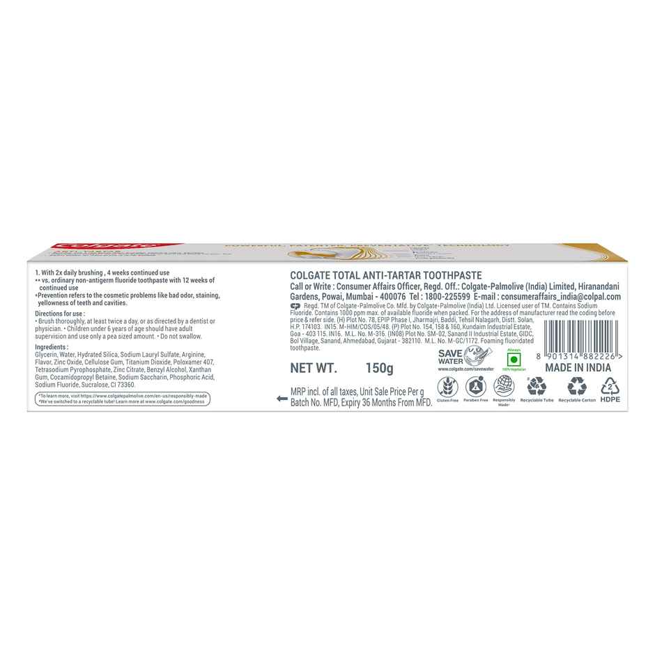 Colgate Total Anti-Tartar Toothpaste Anti-Germ Tooth Paste With 1.5X Better Tartar Reduction