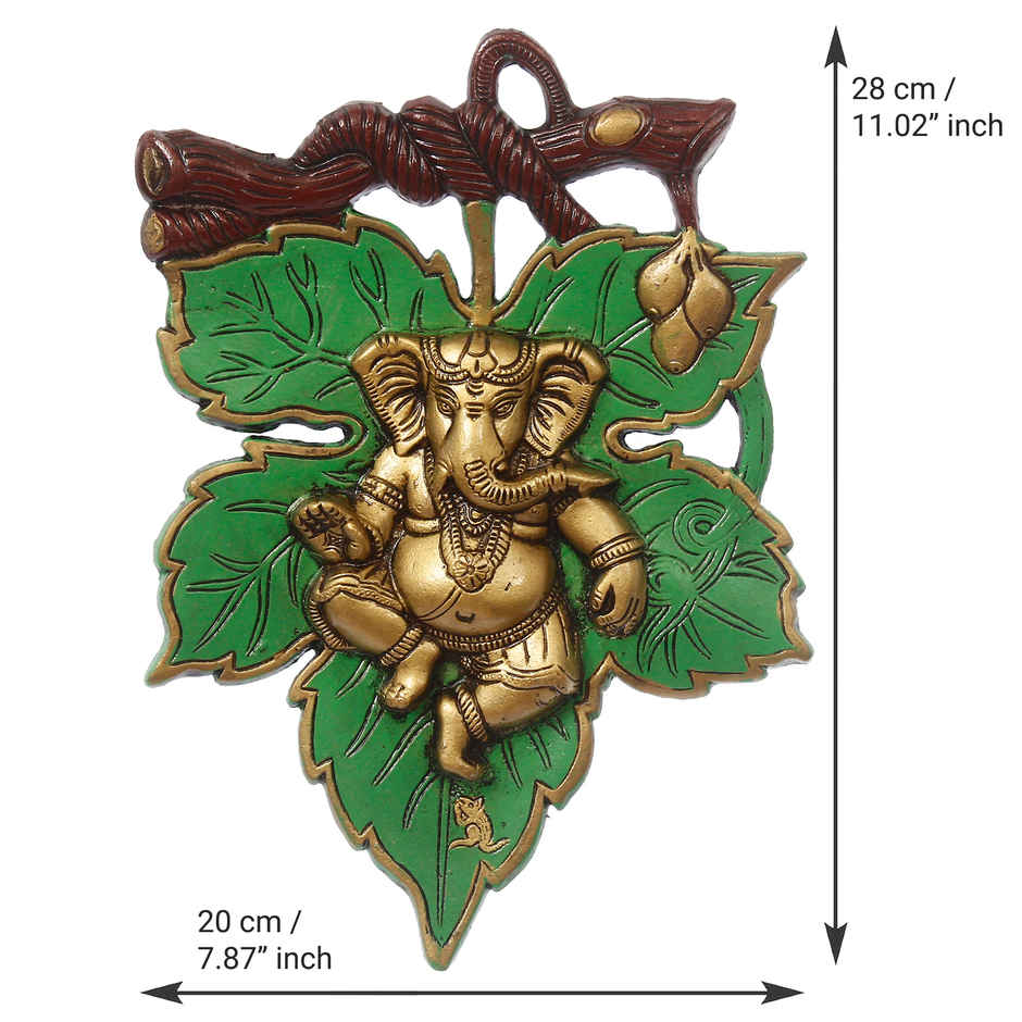 eCraftIndia Dancing Golden Lord Ganesha on Green Leaf Metal Wall Hanging