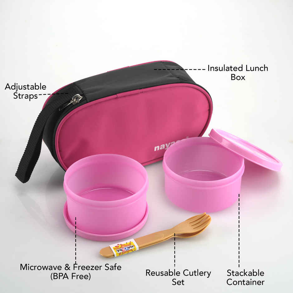 Nayasa Microfresh Crunchy Munchy Plastic Lunch Box Tiffin With Bag | Pink