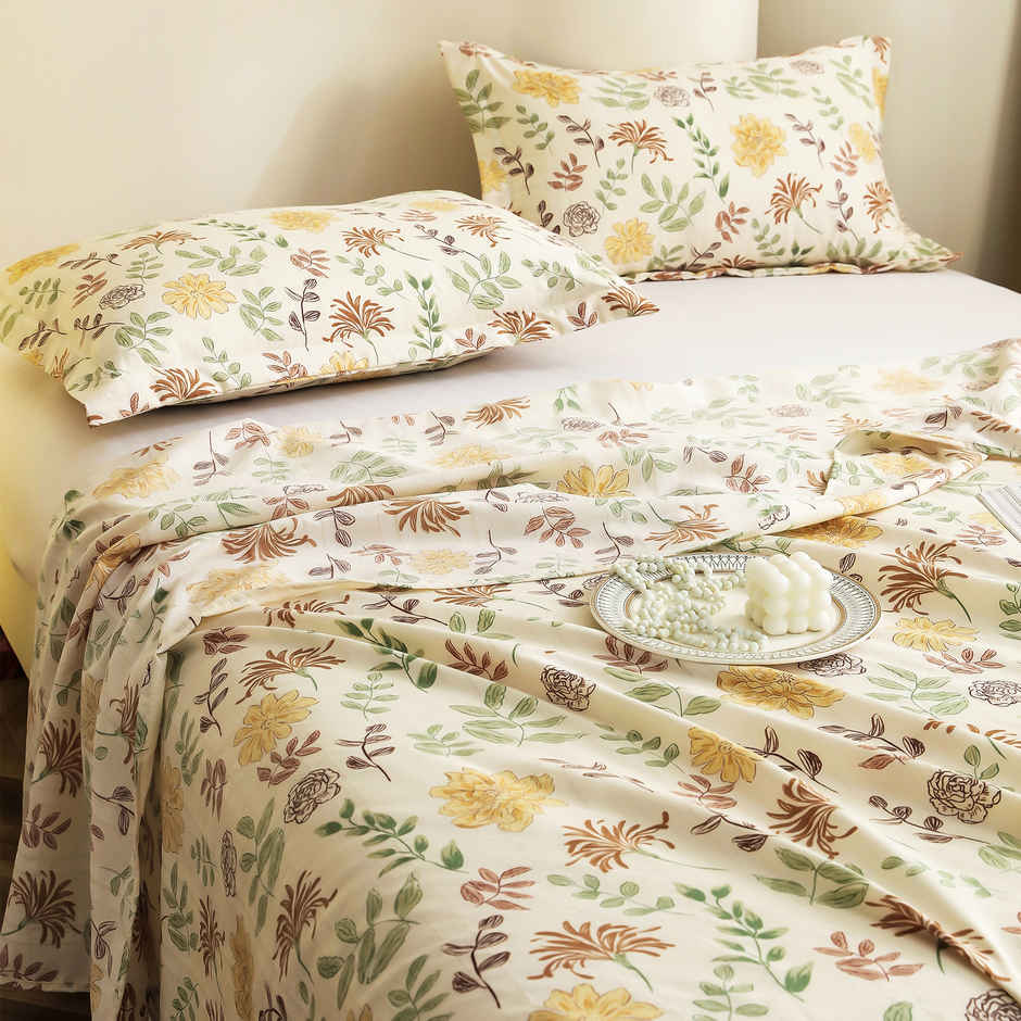 Story@home 210 TC Cotton Blend King Size Floral Flat Bedsheet with 2 Pillow Covers|Off White, Yellow