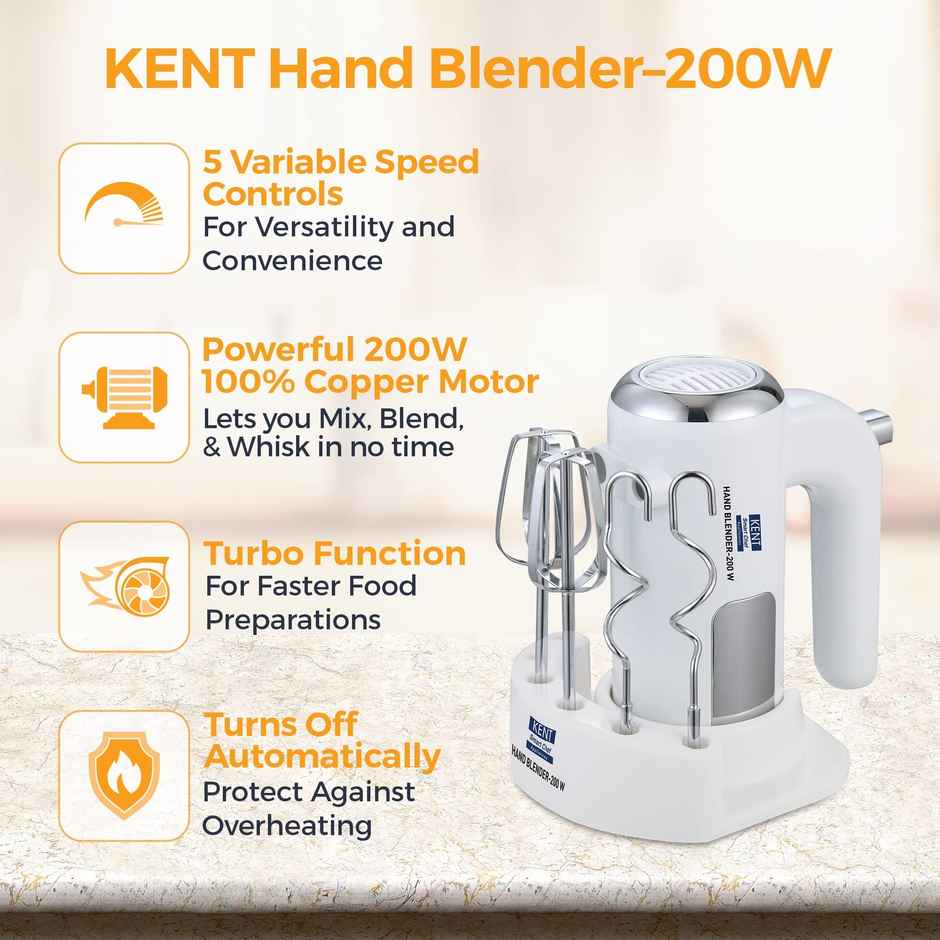Kent Hand Blender 200 Watts | Multiple Beaters & Dough Hooks 100% Copper Motor