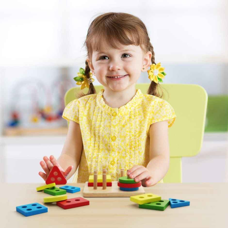Kidology Wooden Geometric Shapes Shorter Stacking Toy Puzzle | Montessori Toys for 1+ Year Old