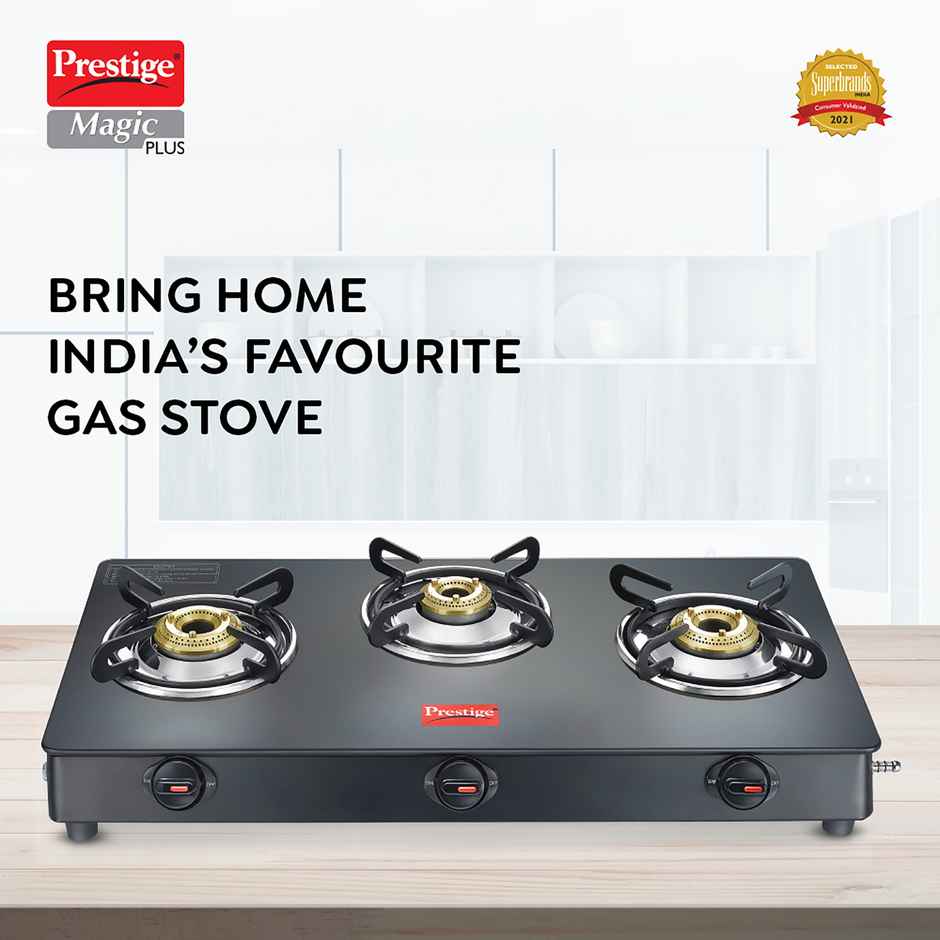 Prestige Magic Plus GTMP 03 LP Gas Stove,3Brass Burners,Toughened Black-Glass Top,2Y Warranty,Black