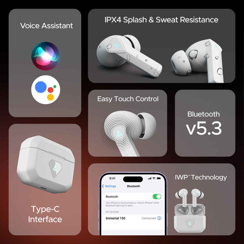 boAt Immortal 150 TWS Earbuds with Beast Mode(40ms Low Latency), 40 HRS Playback & ENx Technology Bluetooth - White Sabre
