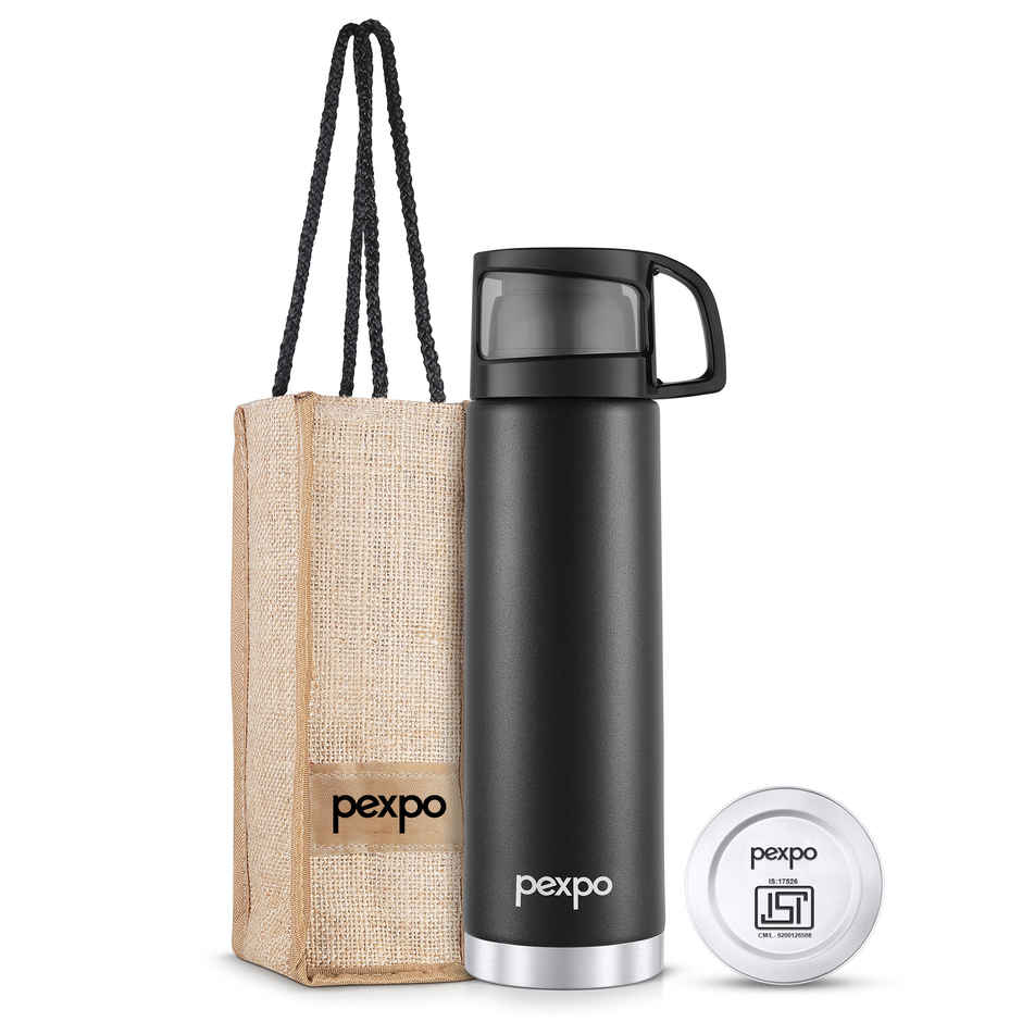Pexpo Vacuum Insulated Water Bottle With Jute-Bag | 1 L | 24 Hrs Hot And Cold Ferrero Flask