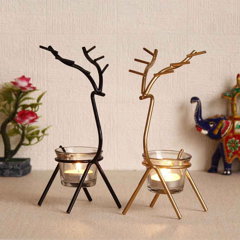 eCraftIndia Black and Golden Deer Shaped Metal Tea Light Candle Holders Set