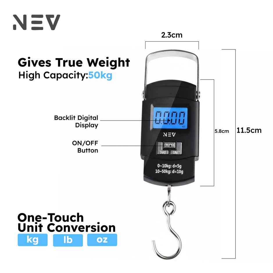 NEV Veyo Multi-Unit Digital Luggage Scale | Black - 50 kg