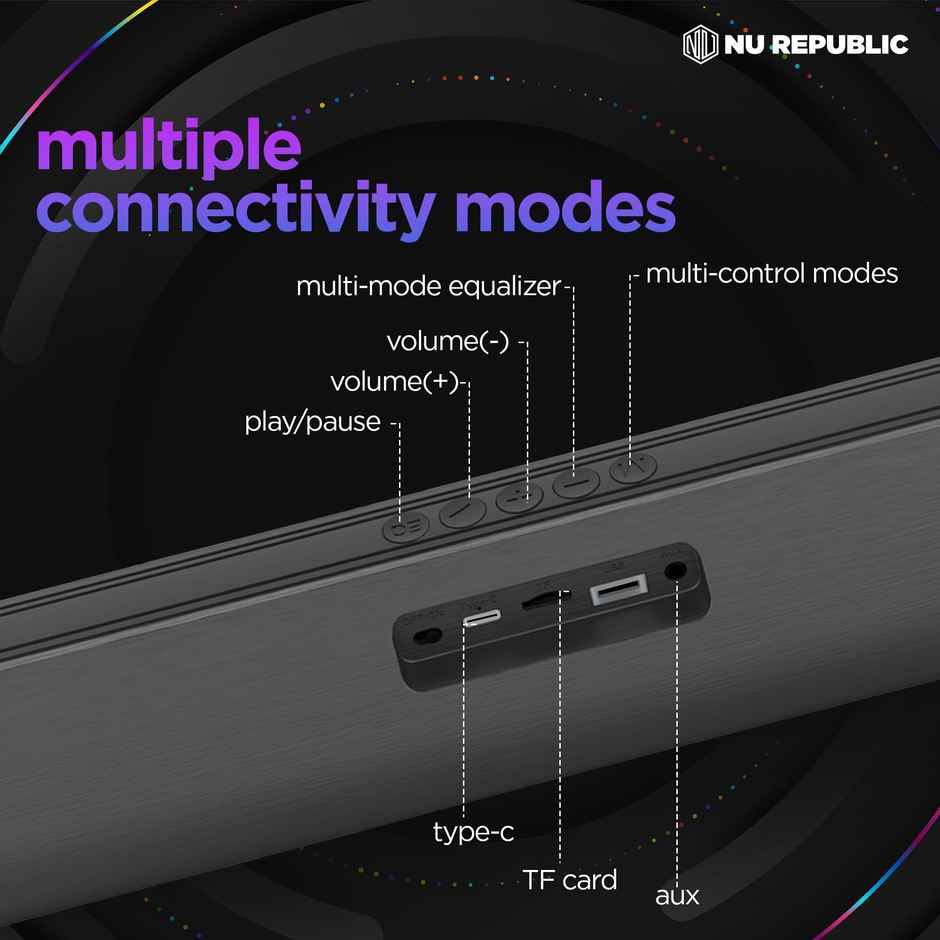 Nu Republic Party Box 20 Bluetooth Soundbar with X-Bass Technology, 52mm Dynamic Drivers, Upto 16 Hrs Playtime, Multiple RGB LED Lights, 20 W Output (Black, 2.0 Channel) - Black