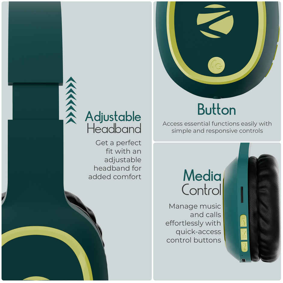 Zebronics Thunder BT 5.3 Headphone, 60H, Gaming Mode, Dual Pairing ENC, AUX, Voice Asst Teal Green