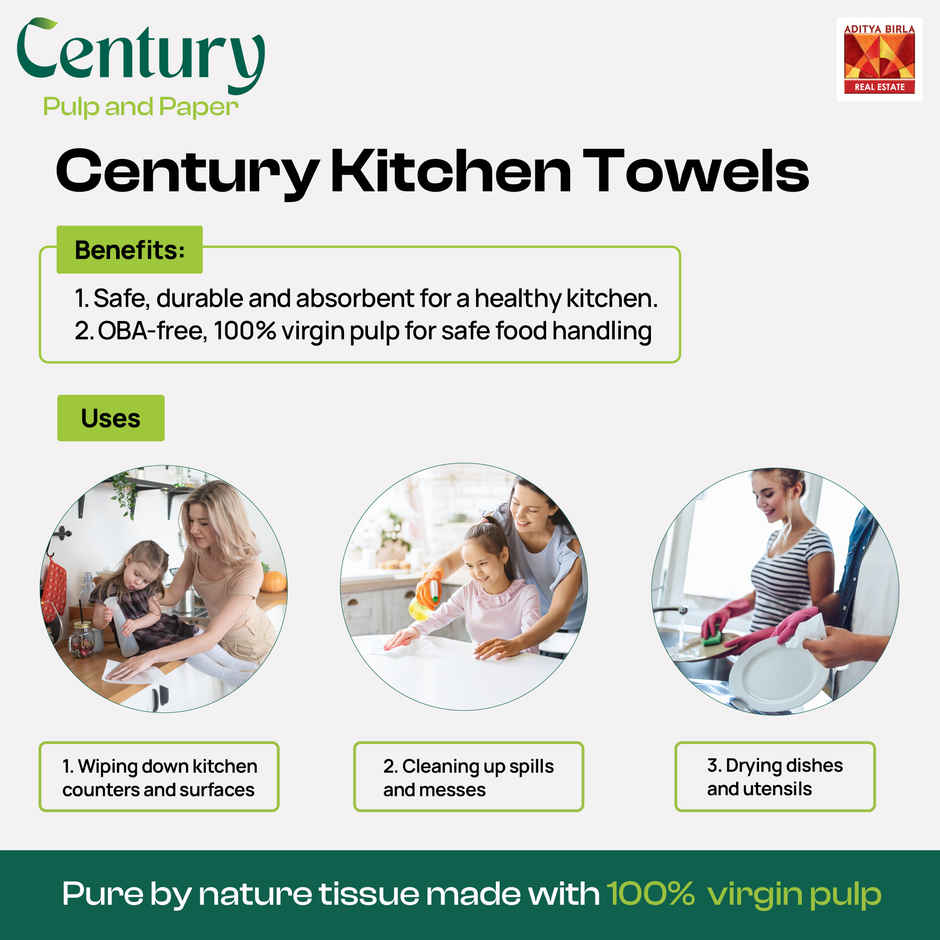 Century 2 Ply 100% Virgin Pulp Kitchen Towel Roll 1 in 1 - 60 Pulls Per Roll