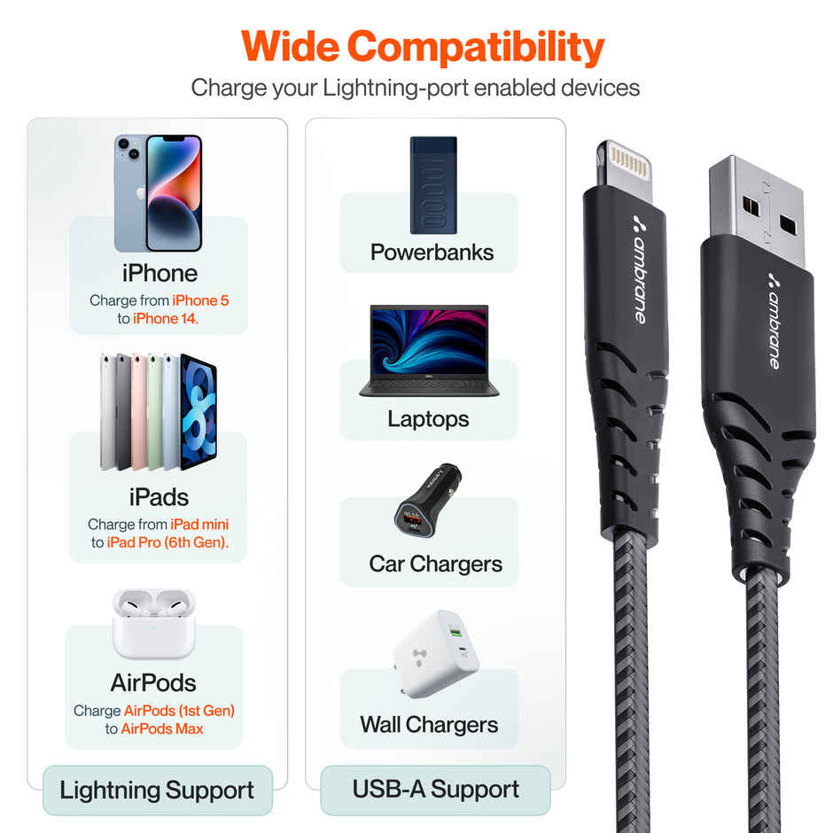 Ambrane 15W USB to Lightning Fast Charging Braided Cable - 1 m