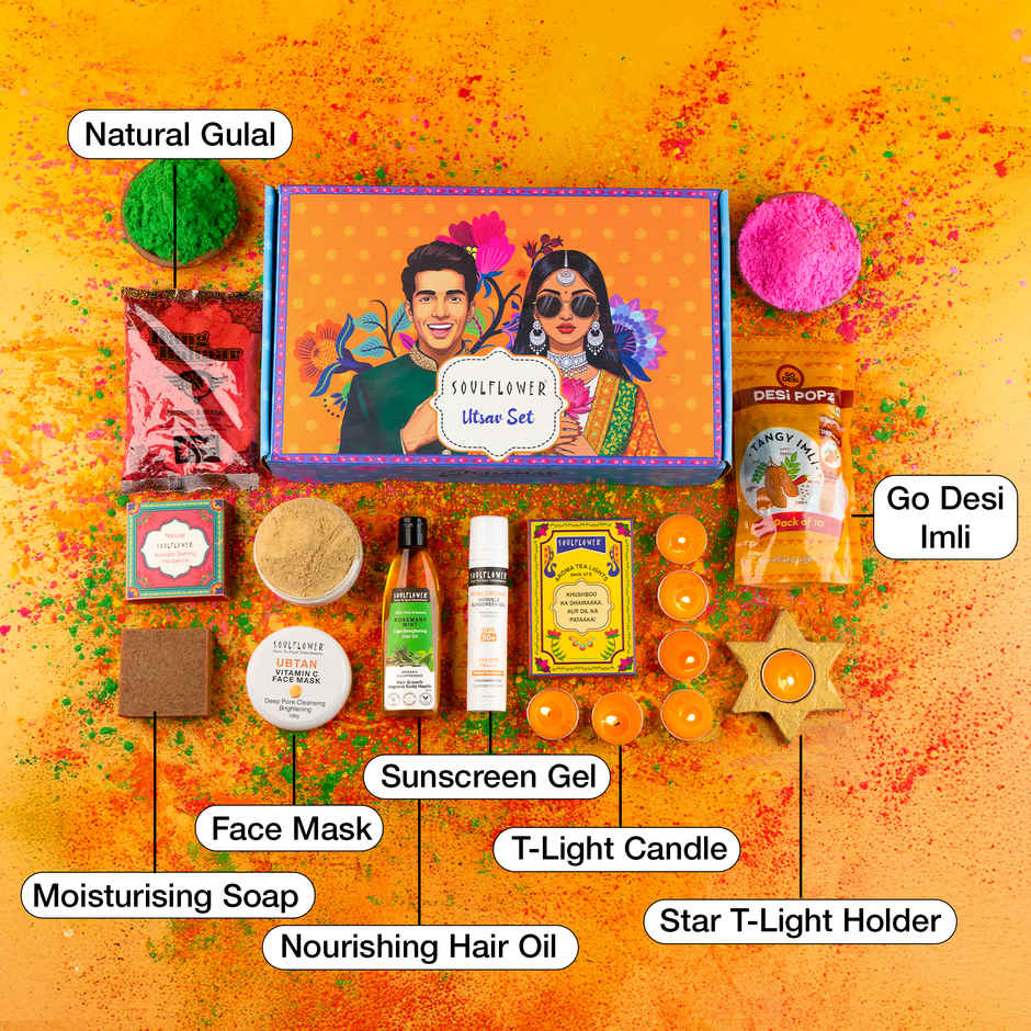 Soulflower Every Day Party Giftset | Desi Pops, Candles, Natural Gulal, Soap, Face Mask