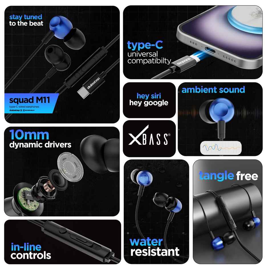 Dubstep Squad M11 With X-Bass Technology | 10 mm Drivers Wired Type-C Earphones With Mic | Blue - Black