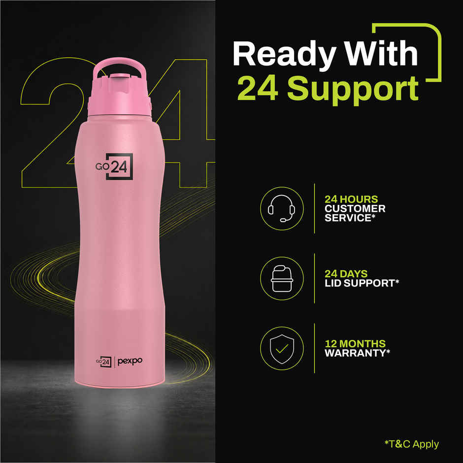 Go24 | Pexpo Stainless Steel Belly Water Bottle With Straw Lid Sipper Cap Easy Grip | Rose Gold | 1 L