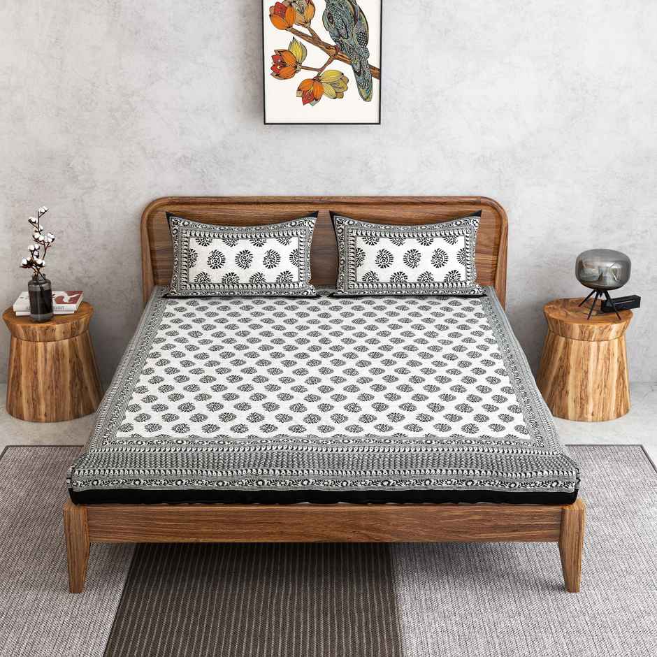 Furnofy King Size 100% Cotton Jaipuri Print Bedsheet, 2 Pillow Covers | Black Keri | B&W | 90x108in