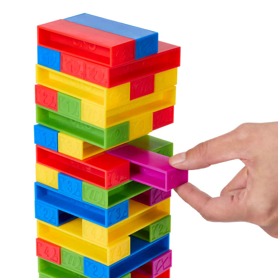 UNO Stacko Game for Kids and Family with 45 Colored Stacking Blocks and Tray