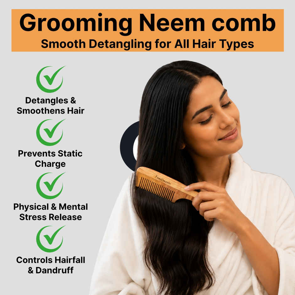 Midazzle Organic Kacchi Neem Wooden Grooming Comb Handle | MINC2106