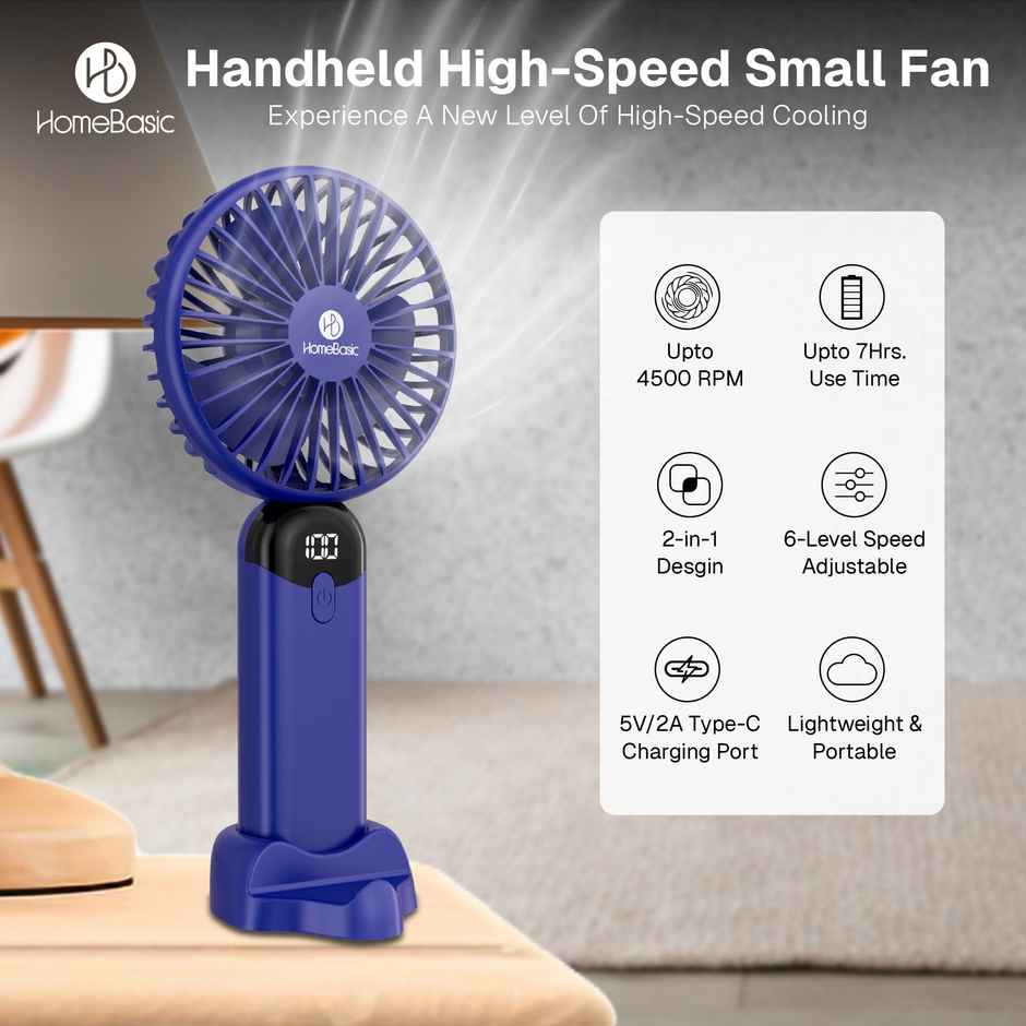 HomeBasic Air Swirle USB Portable Fan, 4500RPM, 2 in 1 Design, 6 Speed modes, LED Display, Blue