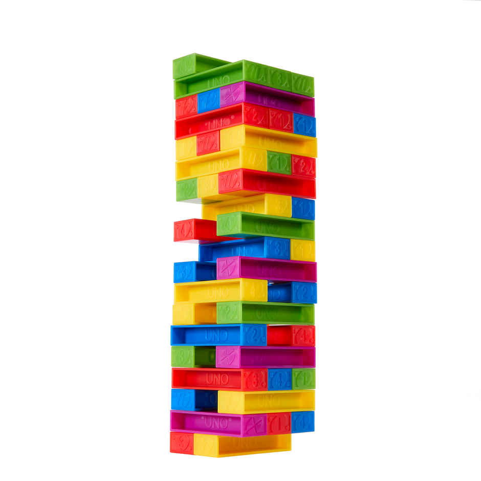 UNO Stacko Game for Kids and Family with 45 Colored Stacking Blocks and Tray
