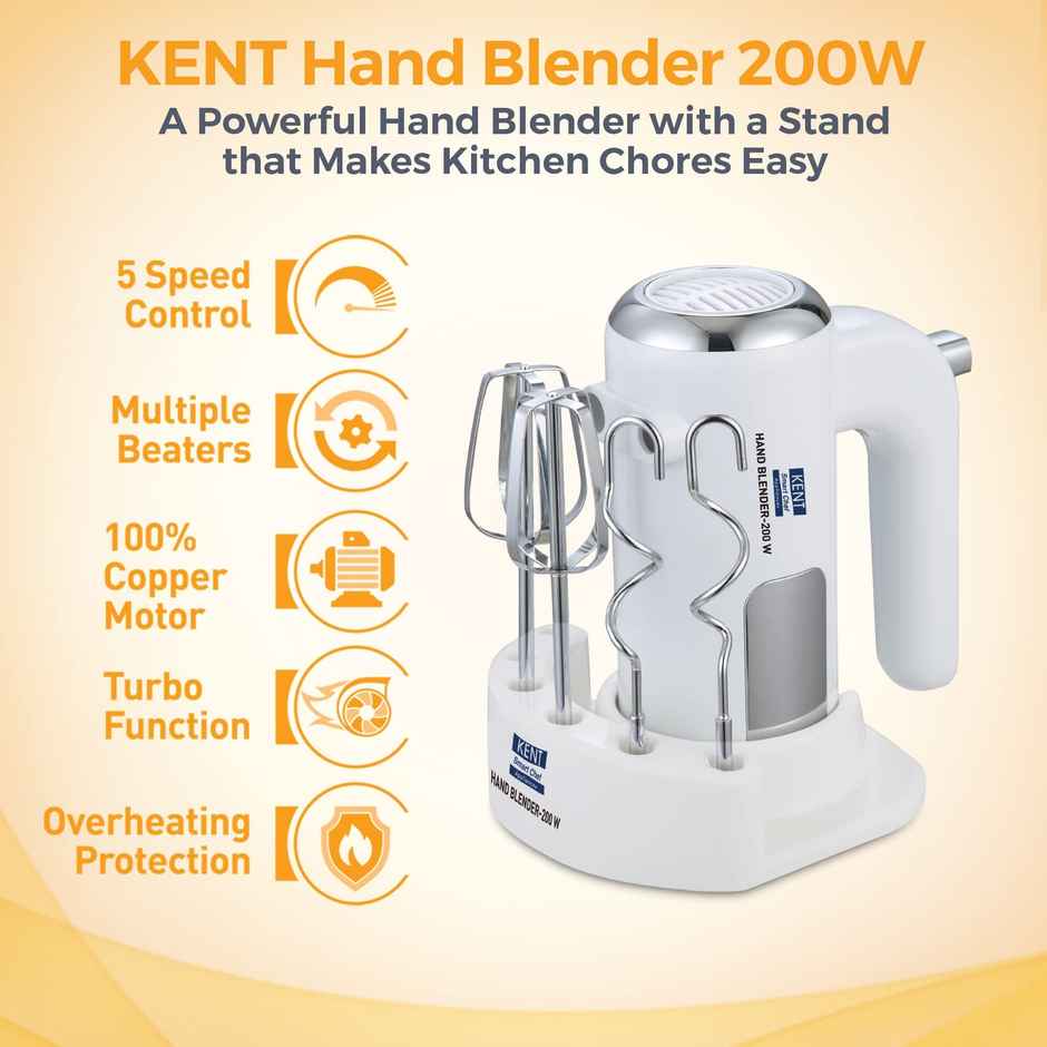 Kent Hand Blender 200 Watts | Multiple Beaters & Dough Hooks 100% Copper Motor