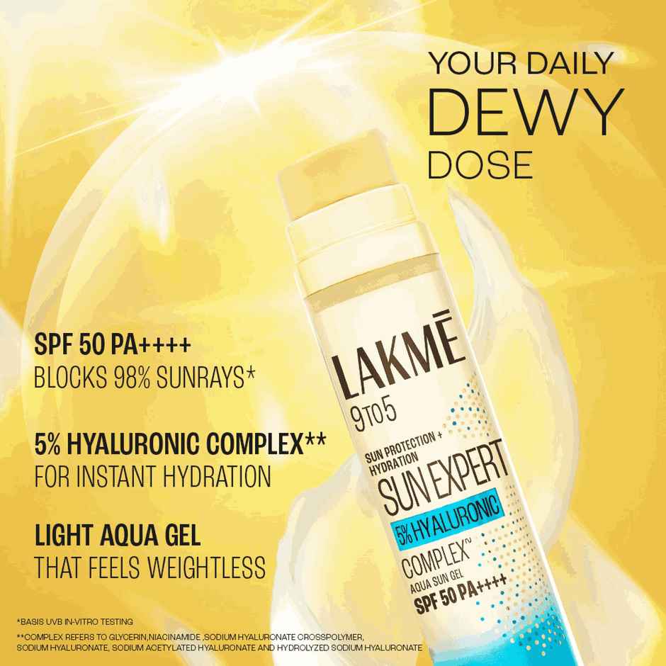 Lakme 5% Hyaluronic water-light Sunscreen Gel SPF 50 PA++++ For Oily Skin, Plump & Hydrated Skin